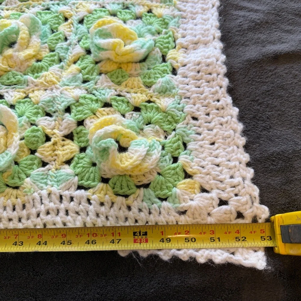 Handmade Crochet Baby Blanket Unisex 41x53 Granny Square 3D Floral Rose Afghan